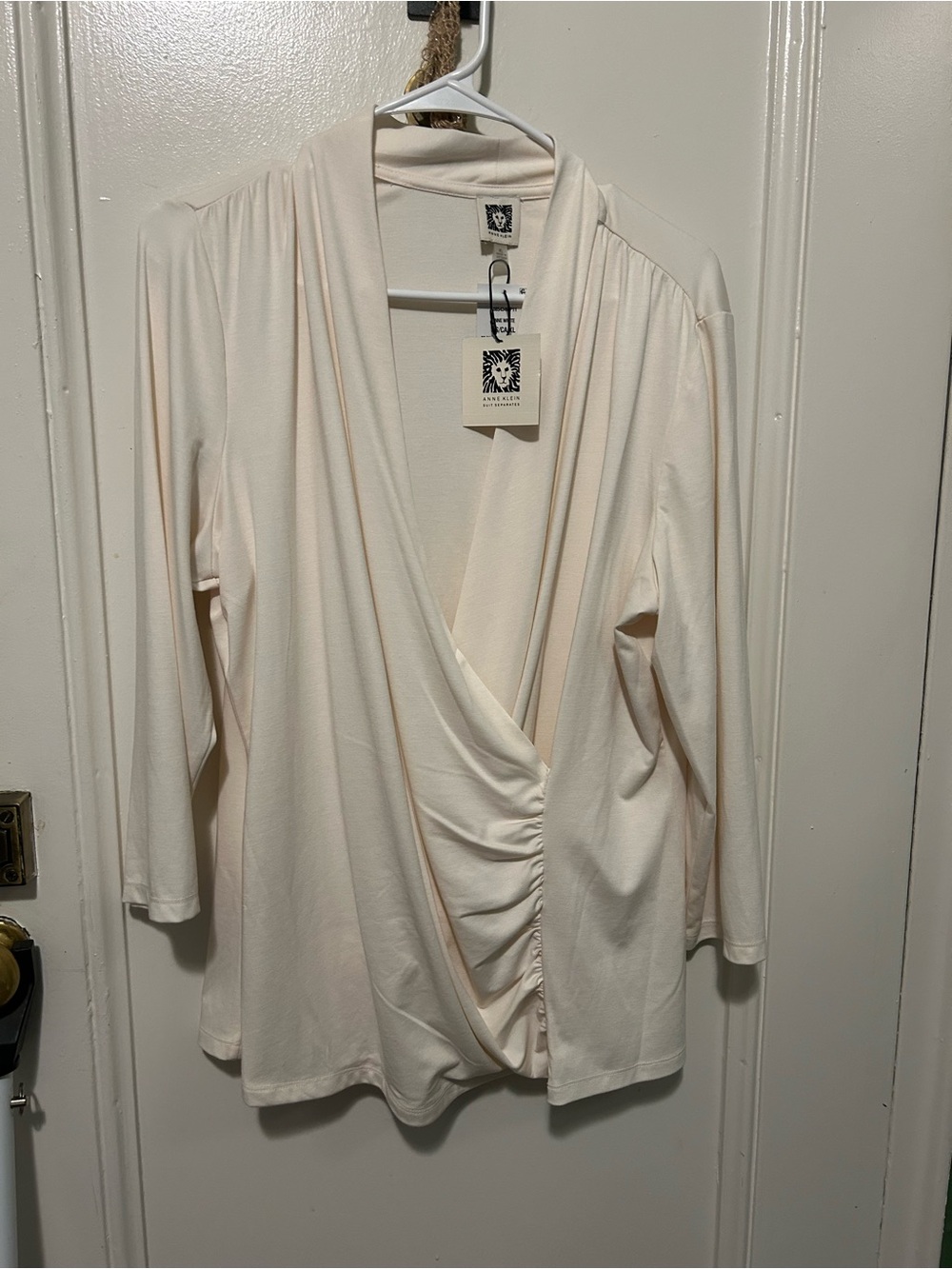 Anne Klein Ivory Faux-Wrap Ruched Front Long Sleeve Tunic